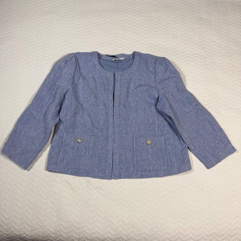 Chico's Women Jacket Size 3 (XL) 100% Linen Open Front 3/4 Sleeve Blue NWOT